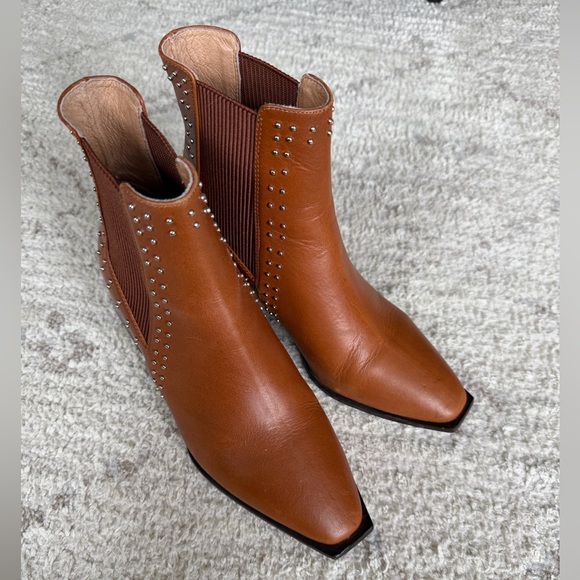 Sol Sana Shoes - Sol Sana Cognac Leather Pointed Chelsea Booties with Studs